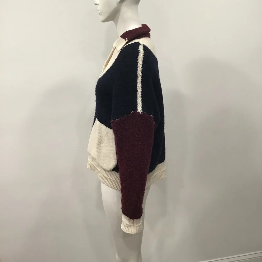 ba&sh Colorblock Lady Cadigan Benji Sweater Womens 1 Navy Burgundy US Small wool